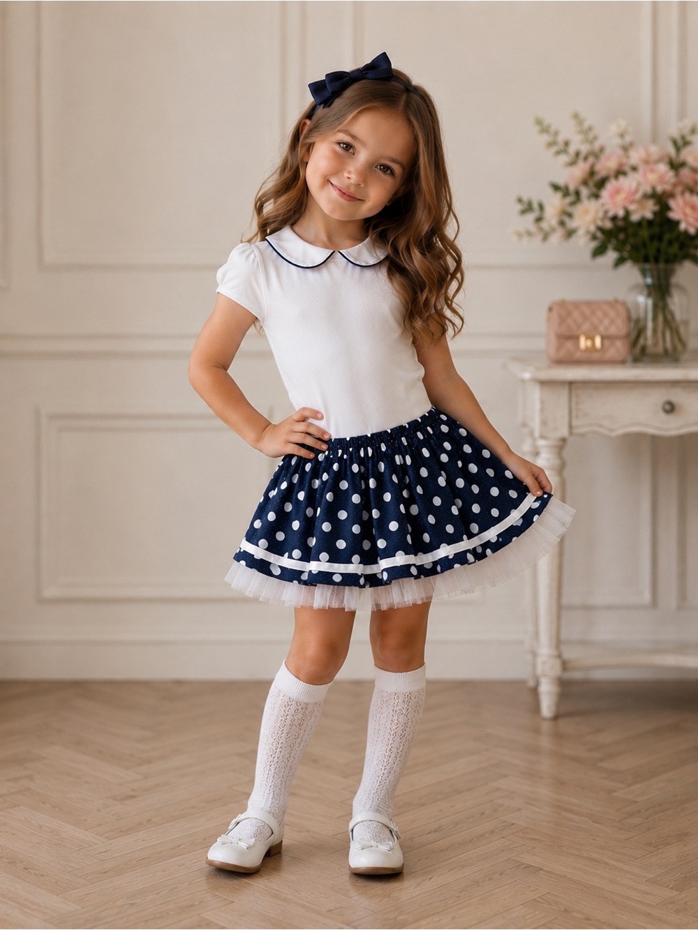 Girls Navy Polka Dot Tutu Skirt Size 4-5T | Layered Tulle Pettiskirt